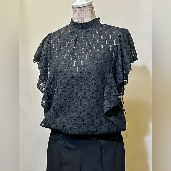 CECE Black lace flutter sleeve smocked top size M‎ - Picture 2 of 14